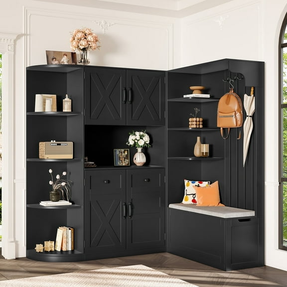 YIYADO Hall Cabinet Set, 2 in 1 Storage Cabinet & Hall Tree with 4 Hooks, for Living Room, Kitchen & Hallway, Black