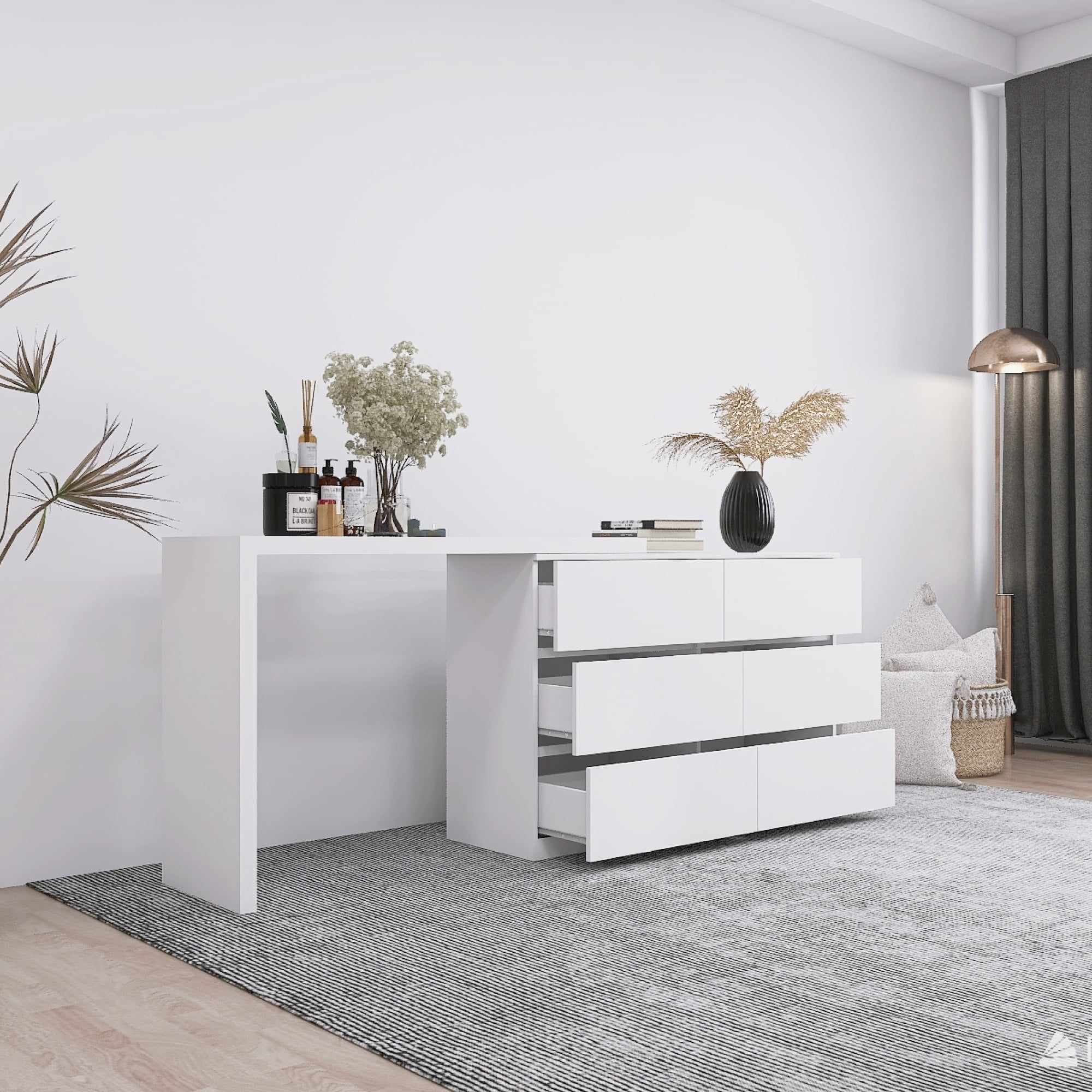 Leumius 6-Drawer Dresser,Extended Desktop Chest of Drawers,Handle-Free White Vanity with Rotatable Table Top for Bedroom/Living Room,White