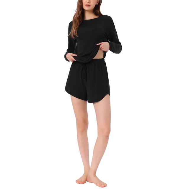 Conjunto de pijamas para mujeres INSPIRE CHIC de manga larga, con cintura elástica, parte superior y pantalones cortos, conjunto de ropa de casa, sudadera con bolsillos, M negro
