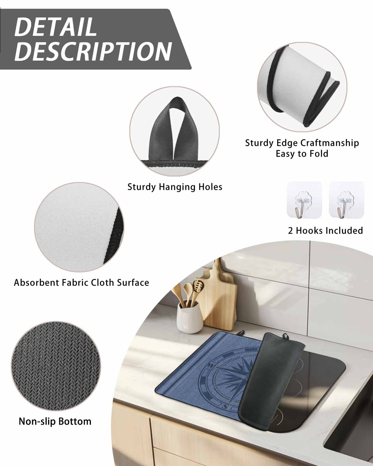 Stove Top Covers for Electric Stove, Nautical Compass Glass Stovetop Cover Protector, Navy Blue Striped Coastal Compass Induction Cooktop Protector Oven Mat for Kitchen Countertop 24"x21"