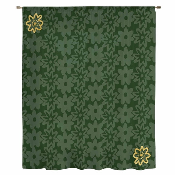 Dark Green Gold Floral Sheer Curtains 45 Inches Long, Modern Abstract Art Spring Flowers Light Filering Curtains, Breathable Simi Curtain Privacy Drapes for Kitchen Bathroom Small Window Treatment