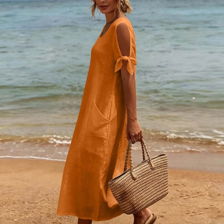linen dresses for summer Minimalist Long Dress, S / Light Blue side pockets and slightly pleated bodice for added dimension Natural Linen Dresses: Smock, Midi