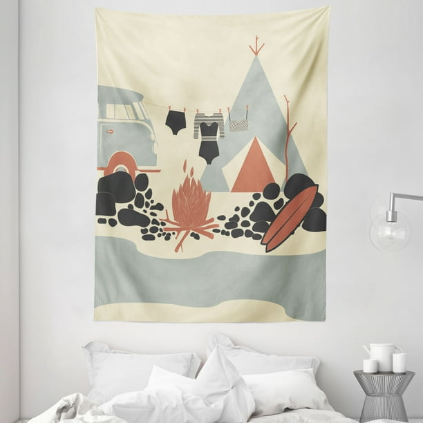 Camper Tapestry, Tent Fire and Hippie Van in Wilderness Exotic Beach