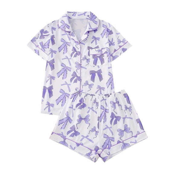 Tnhcen Women's 2 Piece Purple Bow Graphic Pajama Set Button Down Short Sleeve Lapel Shirt Pjs Shorts Lounge Set S-2XL