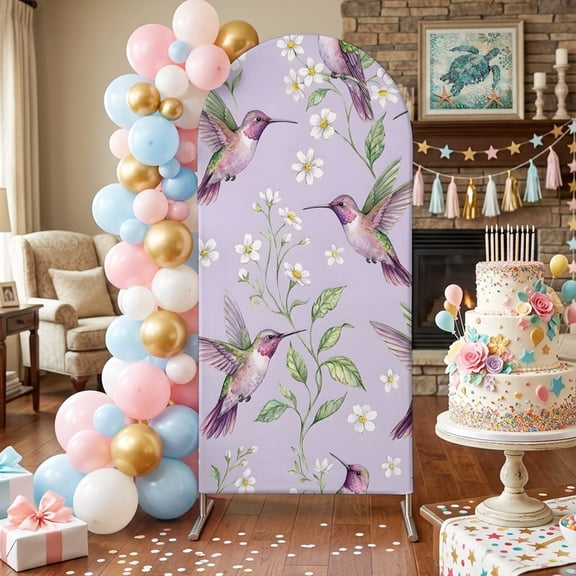 Purple Hummingbird Arch Backdrop Covers 5 FT, Boho Pink Animal White Blossoms Flower Stretchy Fitted Arched Stand Covers Party Arch Stand Cover Photo Booth for Wedding Birthday Decor