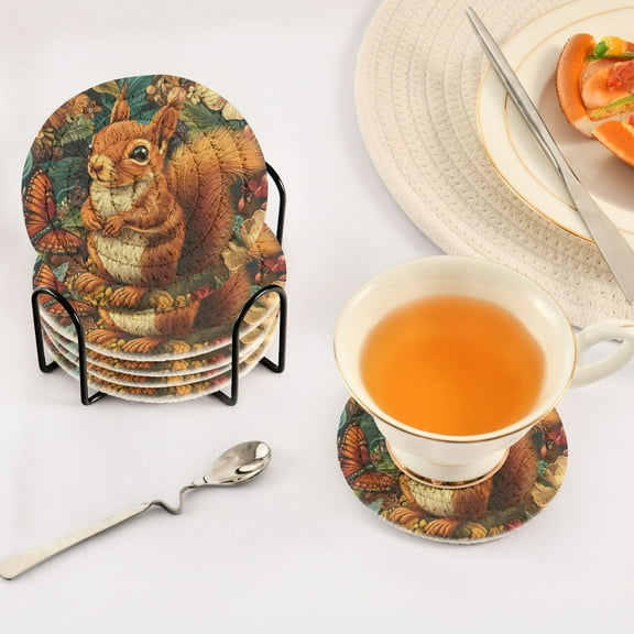BZSMCE 6Pcs Drink Coasters With Holder 3.94Inch Charming Squirrel Creative Coil Coaster Coasters Colors Absorbent Coasters for Drinks Coasters Set Thicken Heat for Home Table