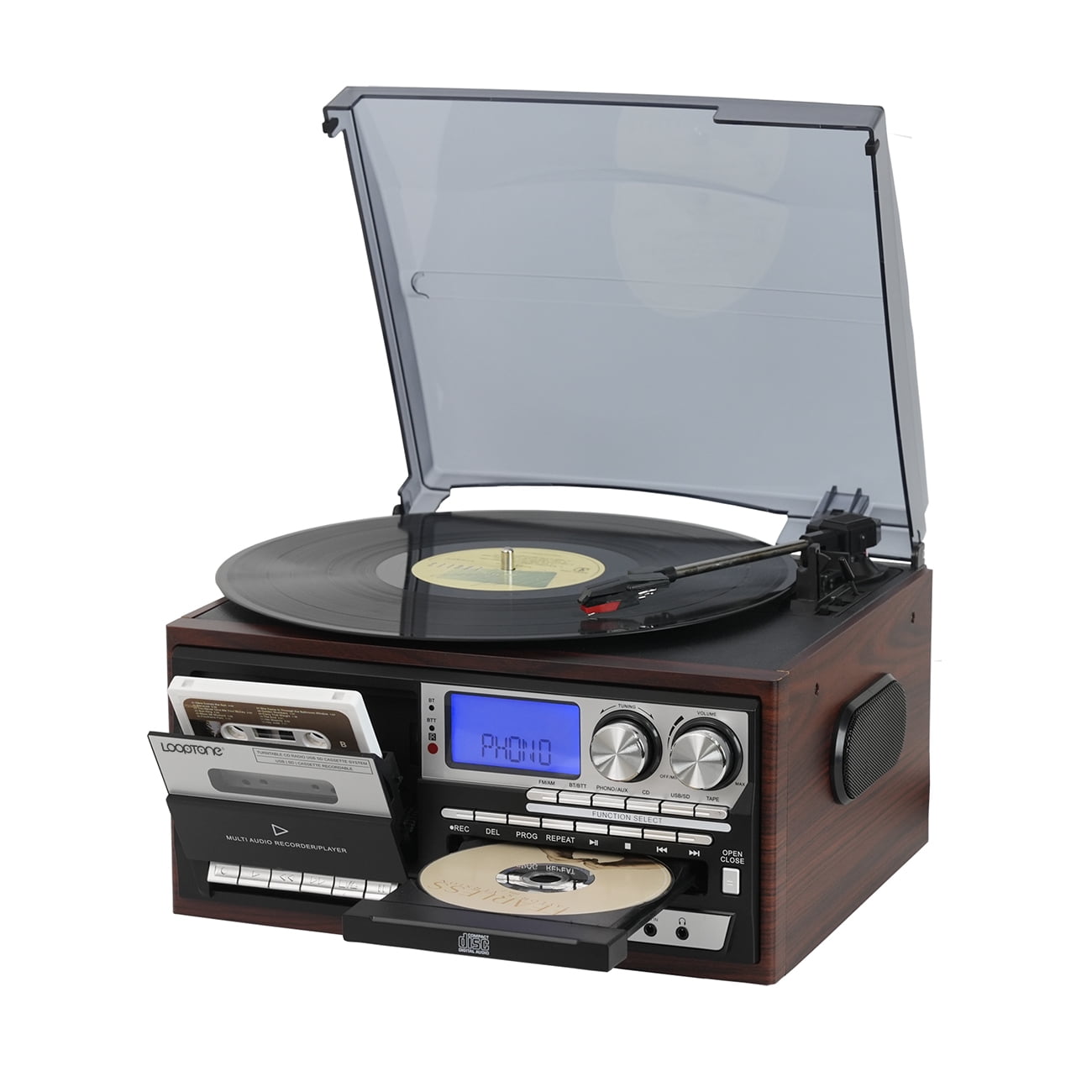 LoopTone 3 Speed Vinyl Record Player 10 in 1 Bluetooth In/Out Vintage Turntable CD Cassette Player AM/FM Radio USB Recorder Aux-in RCA Line-Out