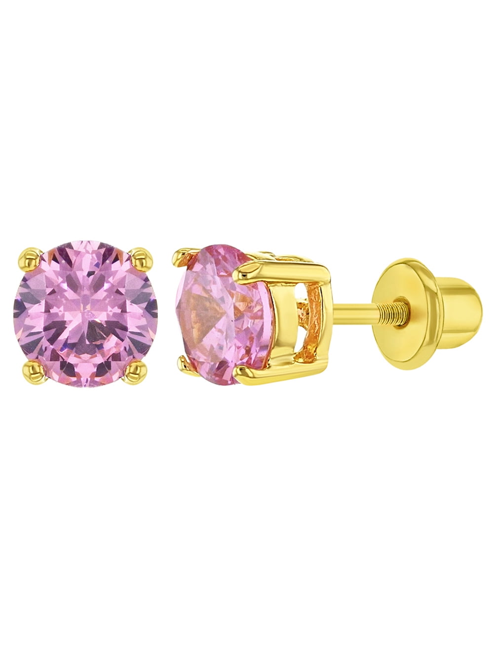 Gold Plated Pink CZ Prong Set Round Earrings for Toddlers and Young Girls 6mm