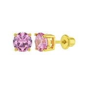IN SEASON JEWELRY Gold Plated Pink CZ Prong Set Round Earrings for Toddlers and Young Girls 6mm