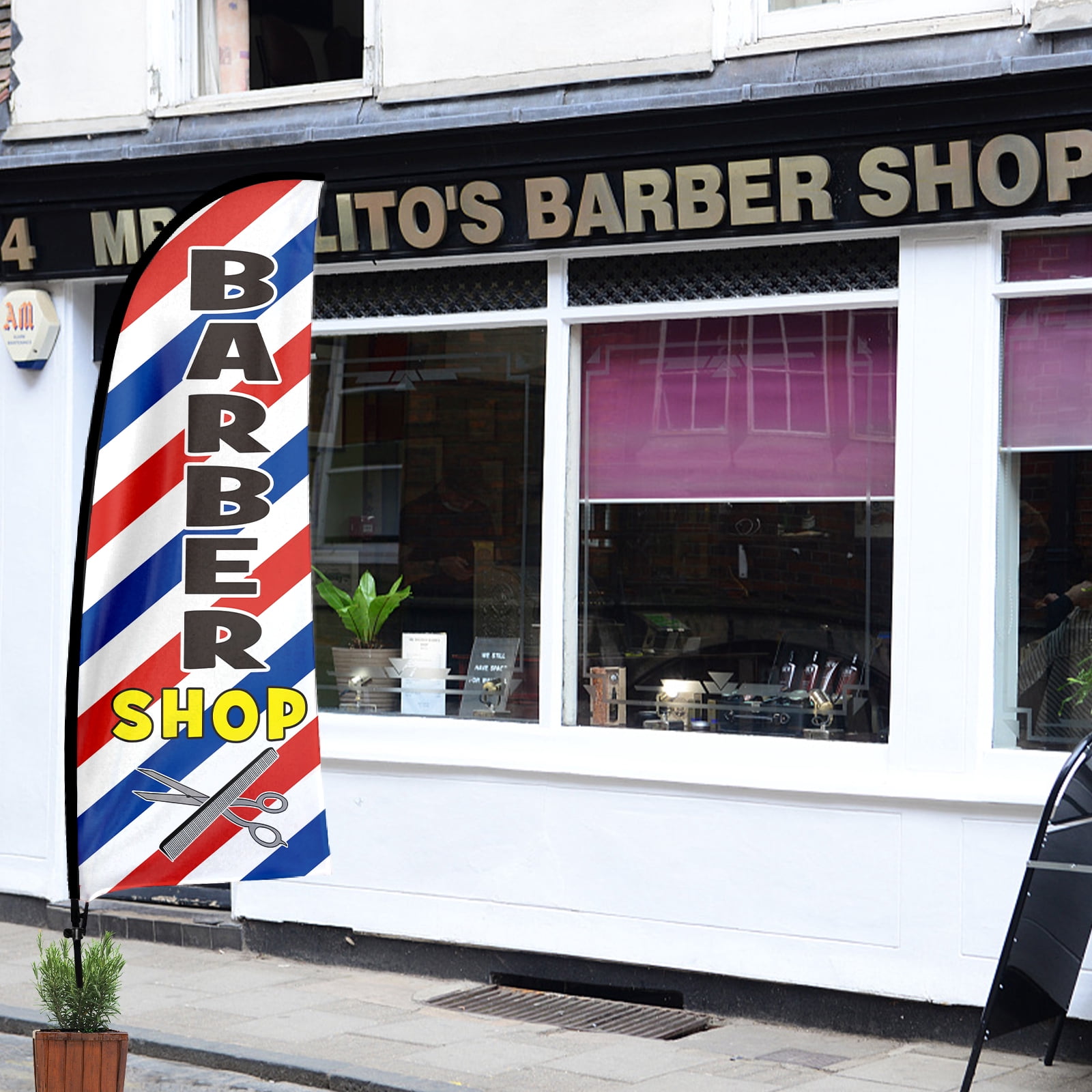QSUM Barber Shop Feather Flag with Flag Pole Kit and Ground Spike, 7FT Barber Shop Windless Flag Banner Sign Business for Haircut Outdoor Advertising Sign Decoration Display