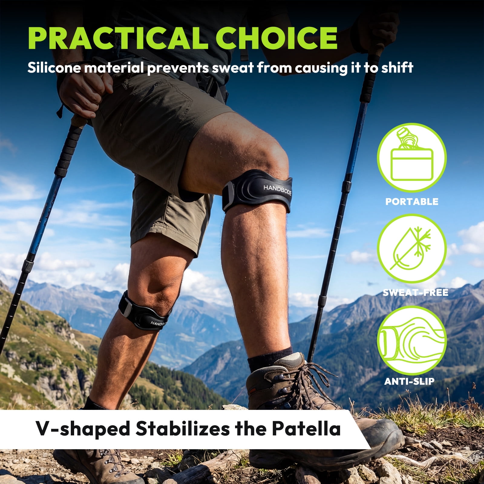 HANDBODE Patellar Tendon Support Strap, Silicone Knee Brace for men women, Adjustable Patella Band Support for Hiking, Running, Jumpers Knee, Osgood Schlatter, 2 PCS