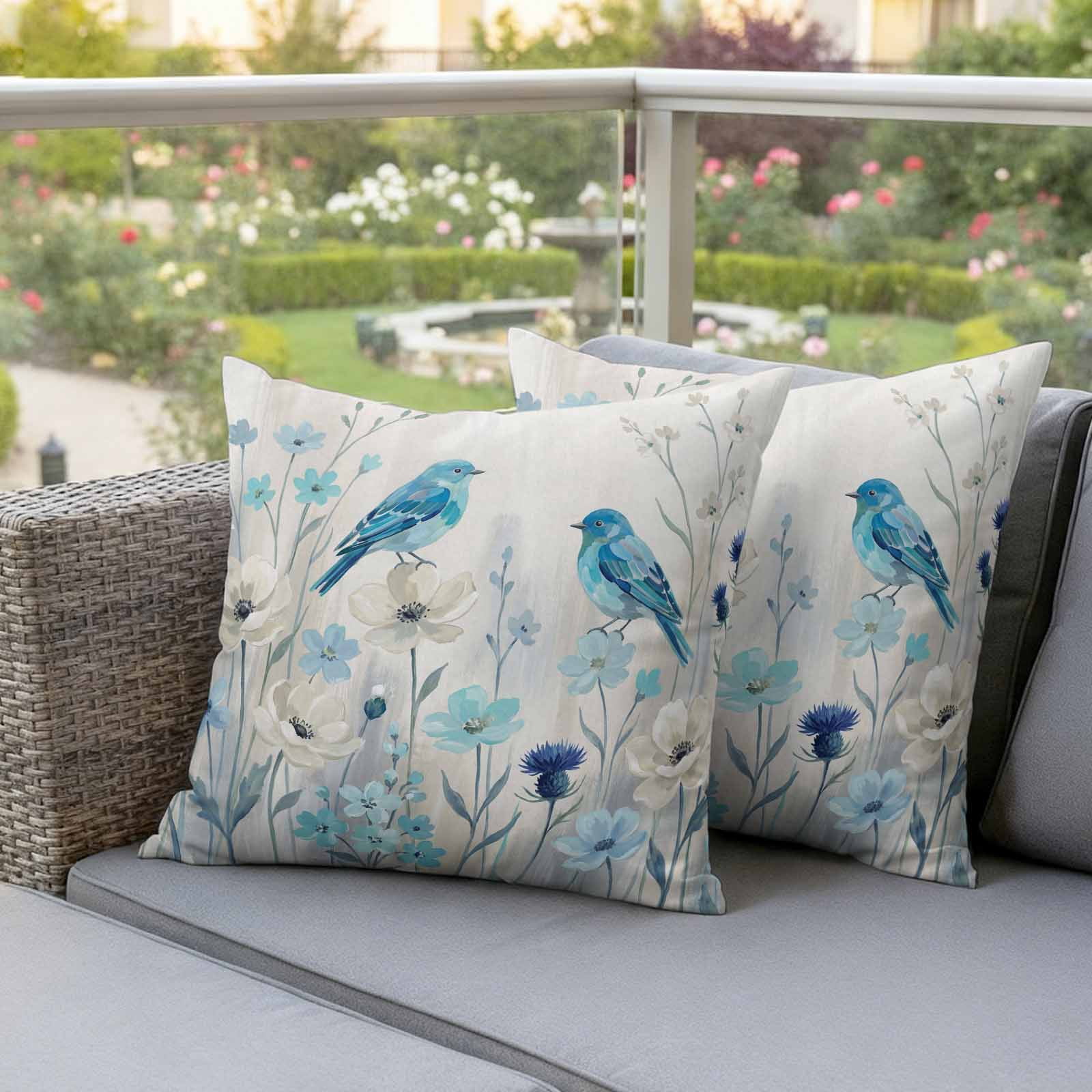 Spring Flowers Pillow Covers 2 Pack Watercolor Blue Bird Floral White Country Style Pillowcase Waterproof Outdoor Throw Pillow Cover for Patio Garden Square Cushion 18”x18”