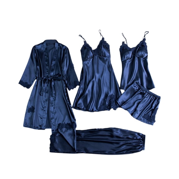 Stichou 5pcs Silk Pajamas Set for Women Silk Lace Robe Dress Sleepwear Nightdress Pajamas Pants Set Soft Loungewear Set Navy S