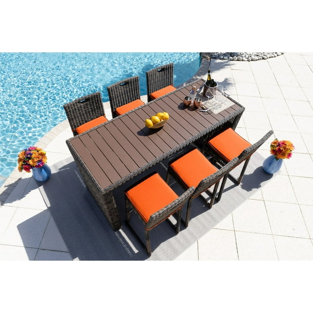 Tuscany 7-Piece Resin Wicker Outdoor Patio Furniture Bar Set with Bar Table and Six Bar Chairs (Half-Round Brown Wicker, Sunbrella Canvas Tuscan)