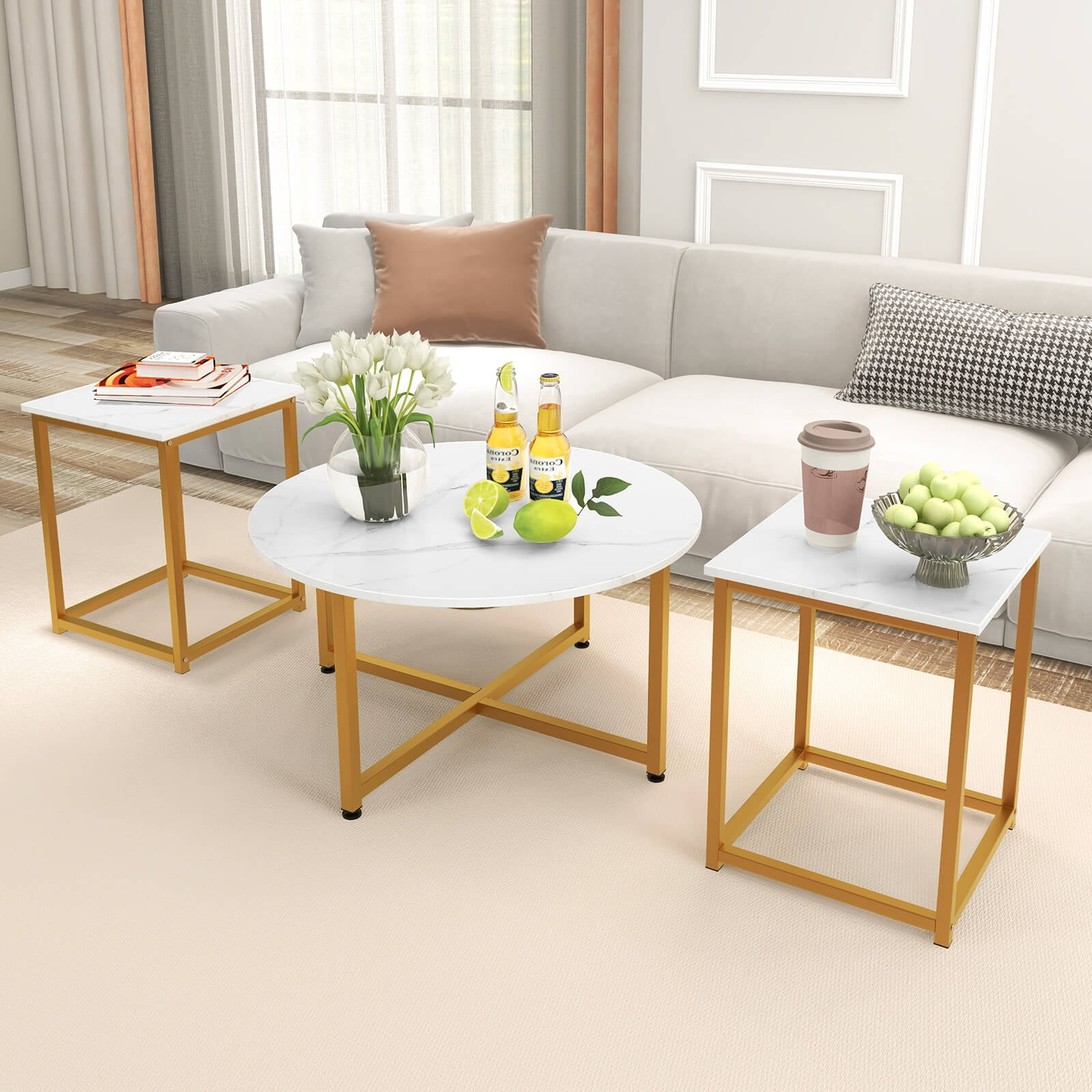 Costway 3 PCS Coffee Table Set Round Coffee Table and 2PCS Square End Tables Metal Frame White