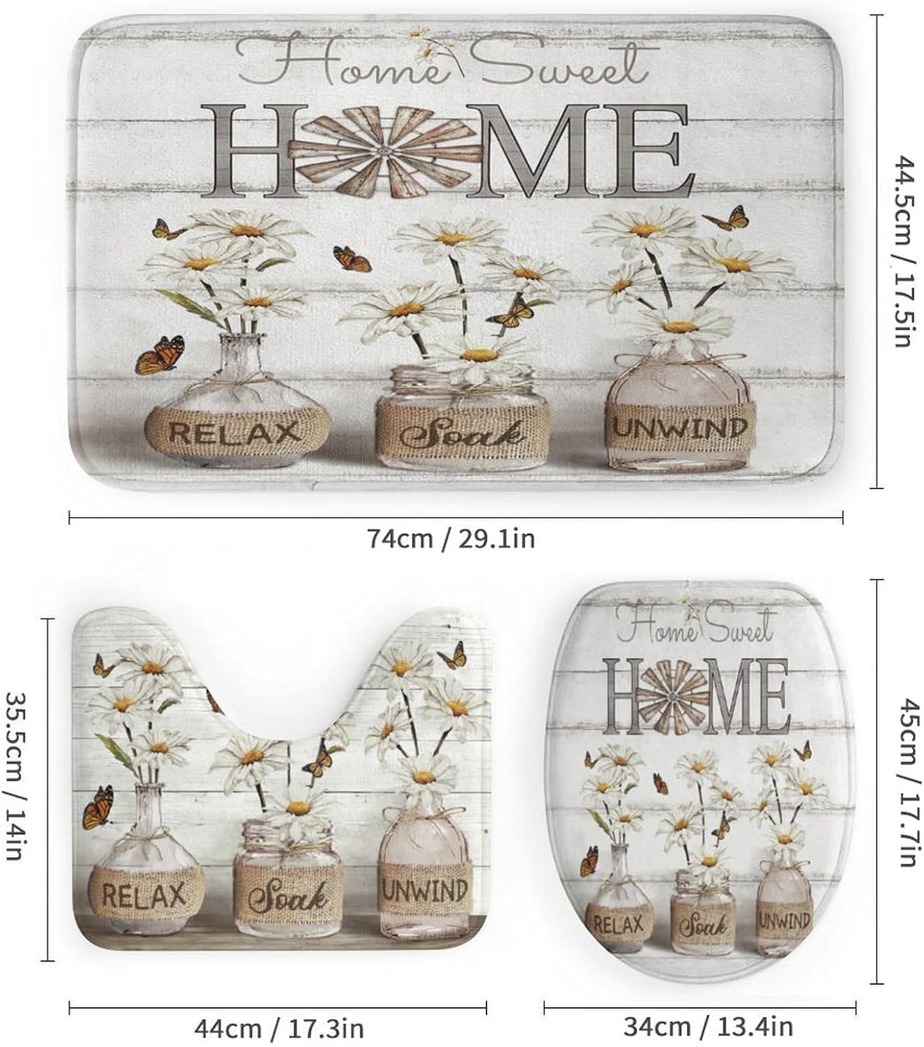 4PCS Shower Curtain Sets with Rugs Farmhouse Shower Curtain Neutral Rustic Country Shower Curtain Sets Purple Lavender Flower Shower Curtain Sets Bathroom Decor with Non-Slip Bath Mat Toilet Rug