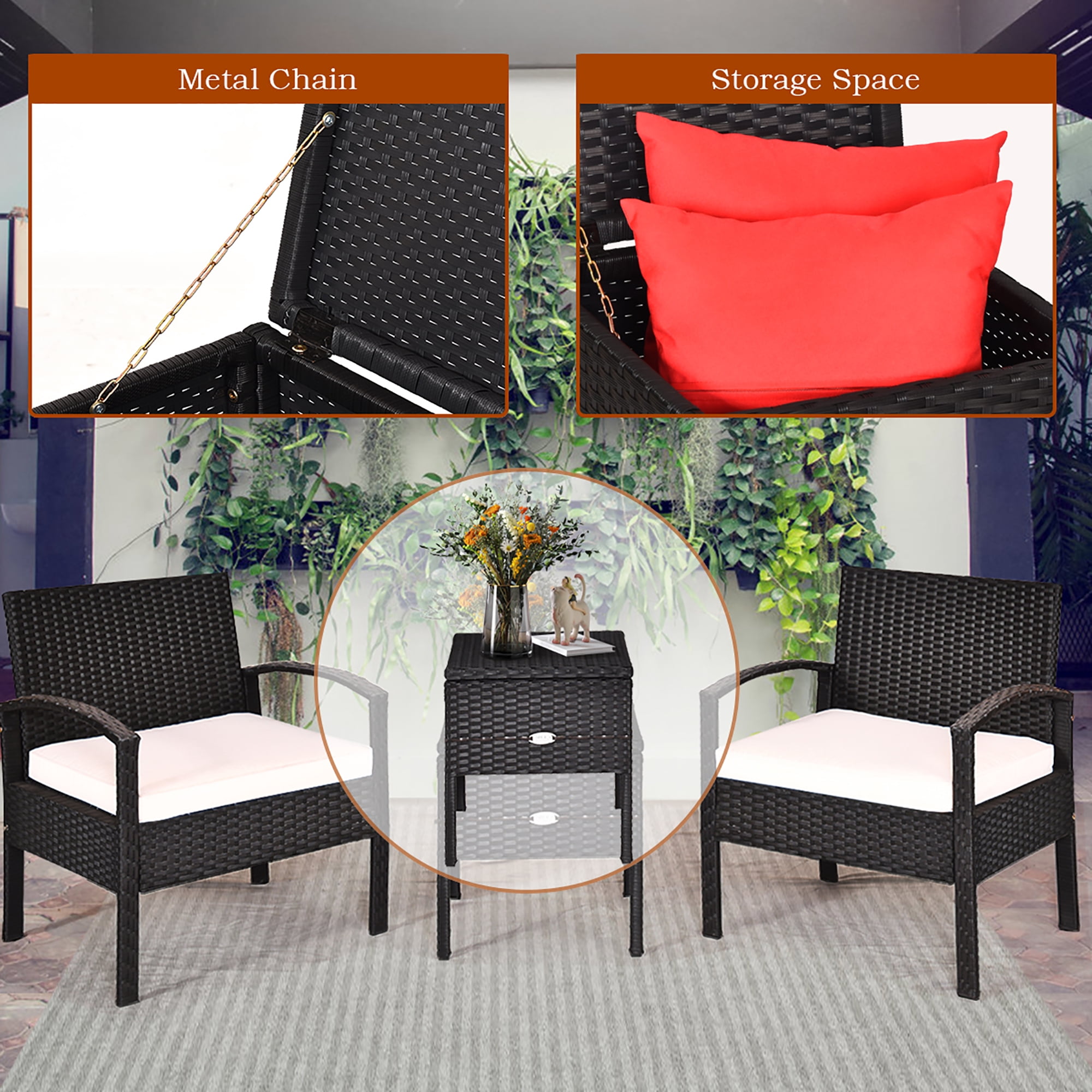 Costway 3PC Outdoor Patio Rattan Furniture Set Storage Coffee Table Cushioned Sofa White
