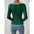 thumbnail image 5 of Women'S Sweetheart Neck Long Sleeve T Shirt Rib Knitted Contrast Binding Tee Tops Green S, 5 of 6