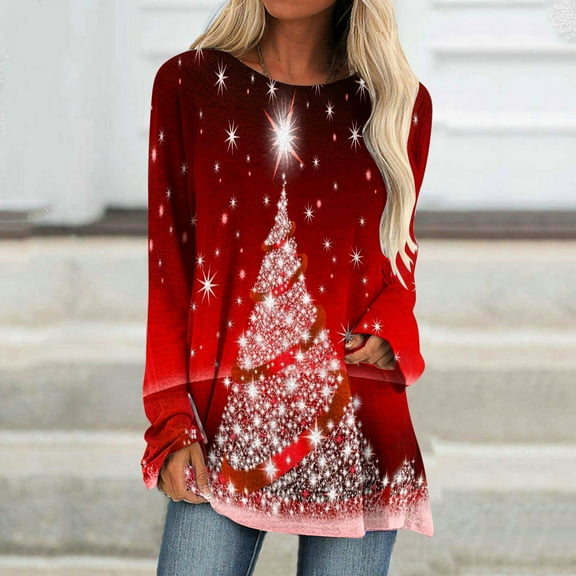 Brilliant Women Long Sleeves Floral Casual Shirts Solid Pullover Loose Tunic Tops Christmas Tree Print Round Neck Long Dleeve Blouse Clearance Clothes under $5.00