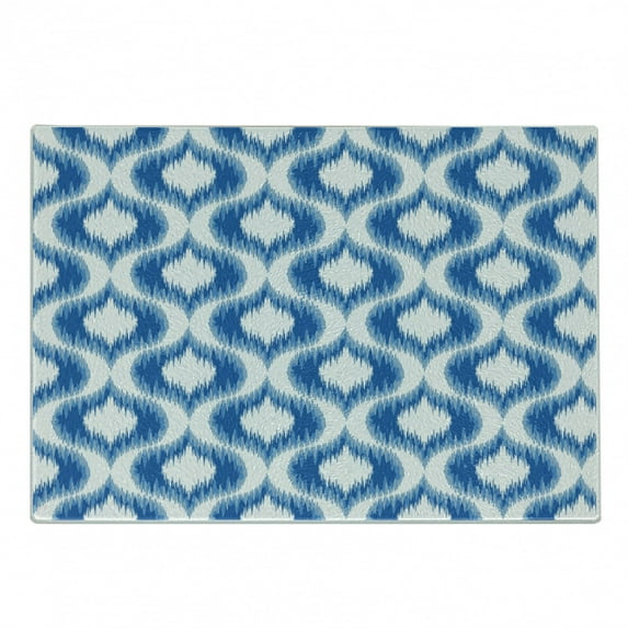 Ikat Cutting Board, Ikat Damask Linked Motifs Pattern Blurry over Finer Tied Warp and Weft Yarns Design, Decorative Tempered Glass Cutting and Serving Board, Small Size, Blue White, by Ambesonne
