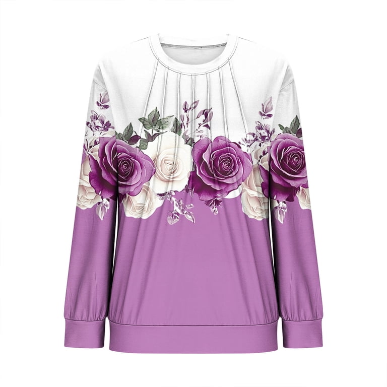ITSAME Womens Sweatshirt, Pleated Crewneck Floral Graphic Long