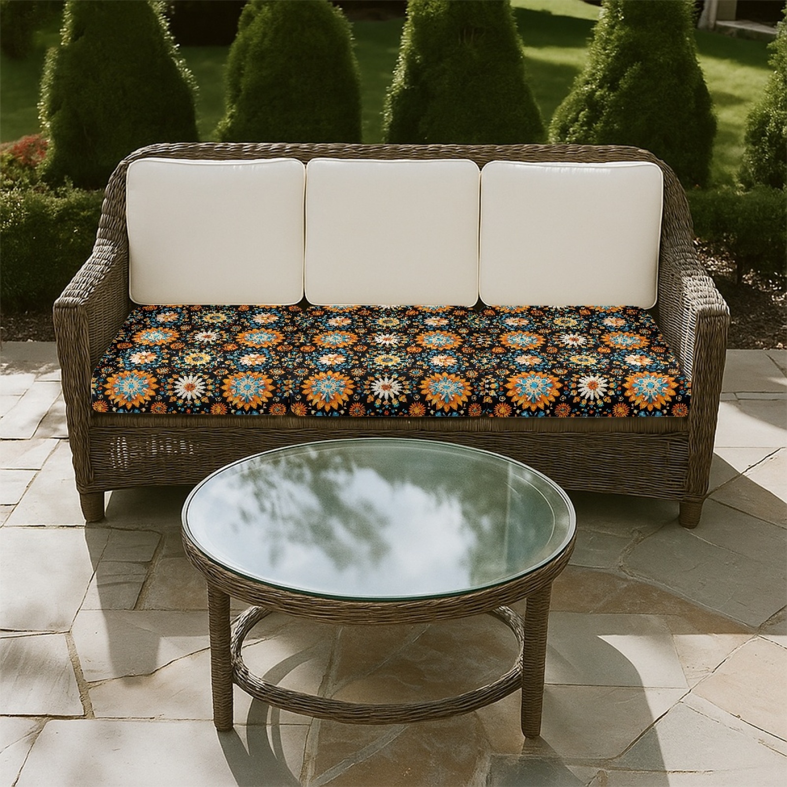 COEQINE Stretch Armchair Cushion Cover Washable Couch Cushion Cover Fitted Sofa Seat Slipcover Sets Separate Sectional Sofa Cover for Home Decor, 3 Pieces, Boho Mandala Floral Orange