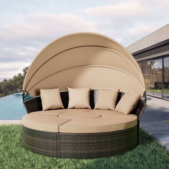 SOLAURA Outdoor Patio Round Daybed with Retractable Canopy, Wicker Furniture Sectional Couch with 4 Light Brown Pillows for Backyard, Porch, Pool