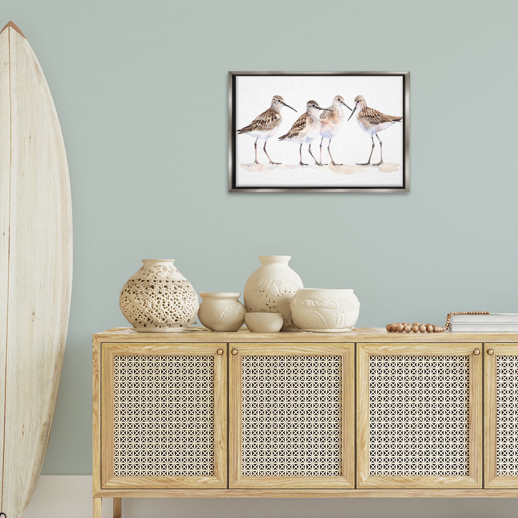 Stupell Industries Sand Pipers Gathered Animals Painting Gray Floater Framed Canvas Art Print Wall Art, 25 x 17