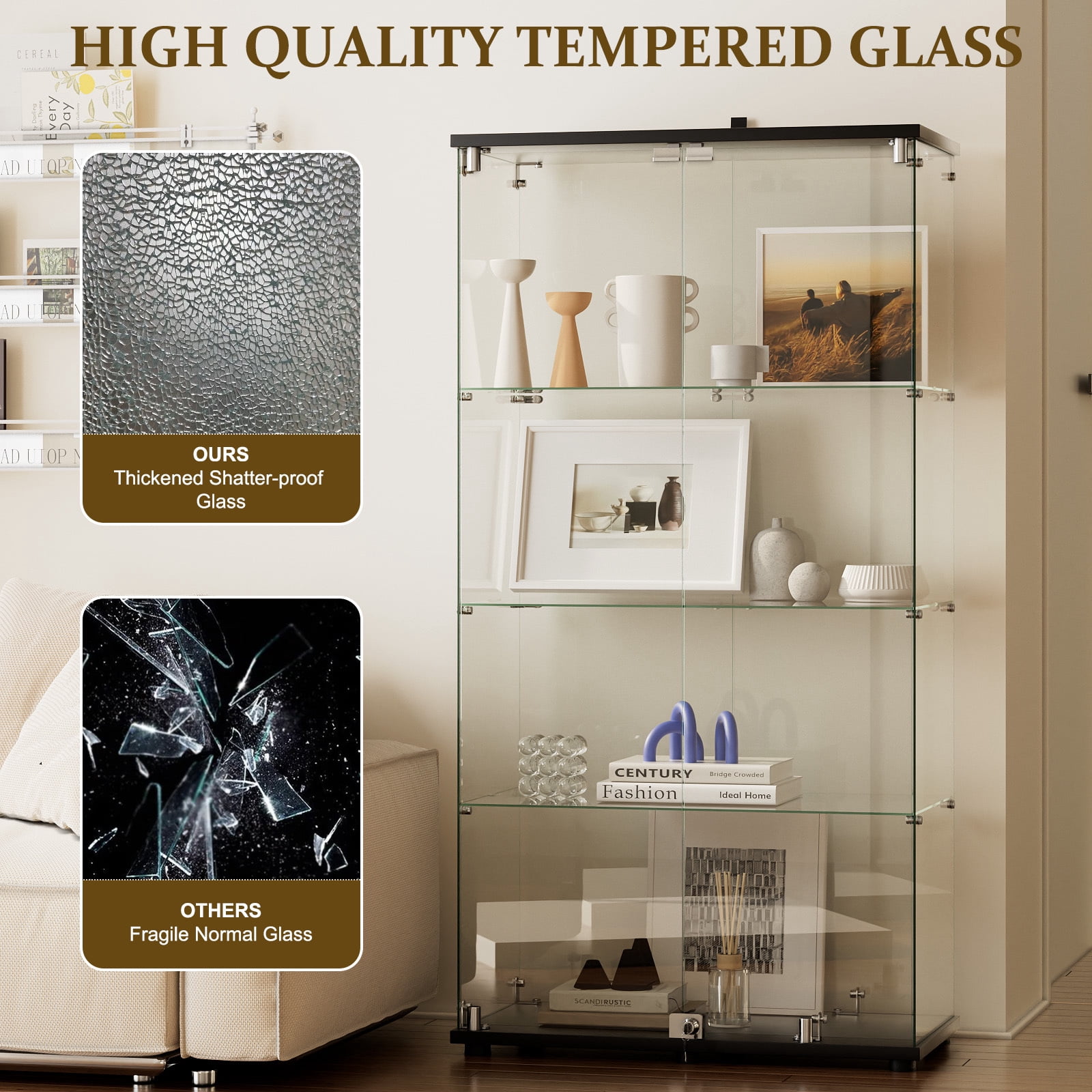 Easy4Home 4-Shelf Glass Display Cabinet with Lock, 64"H Freestanding Curio Display Showcase for Collectibles with Double Glass Door, Black