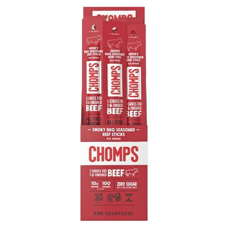 Chomps Grass-Fed and Finished Smoky BBQ Seasoned Beef Jerky 1.15 oz Snack Sticks 24-Pack - Keto, Paleo, Whole30, 10g Lean Meat Protein, Gluten-Free, Zero Sugar Food, Non-GMO