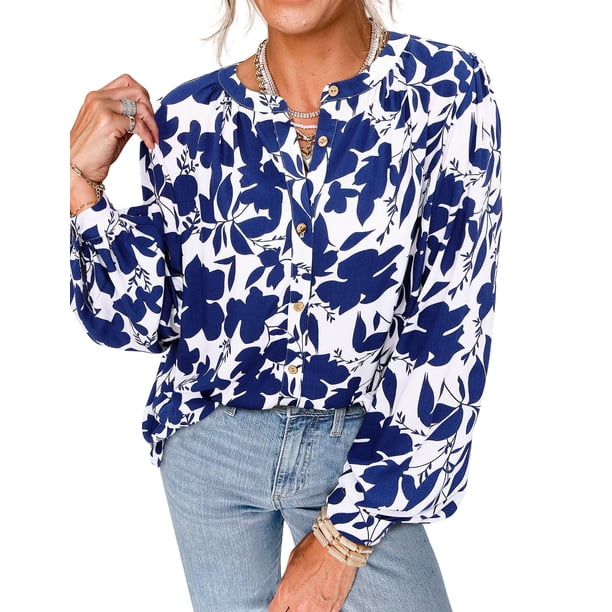 Camisa PRETTYGARDEN XL Blanca con Estampado Floral Azul y Botones