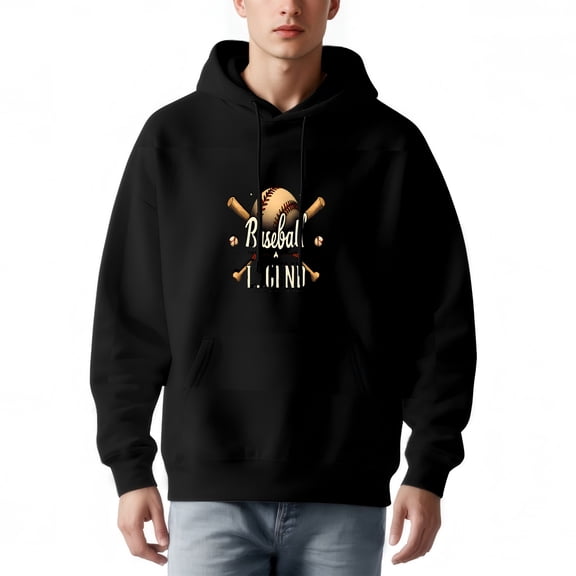 Men's Long Sleeve Hoodie Pullover Sweatshirt with Pockets - Baseball Legend Graphic Crossed Bats Design Relaxed Fit