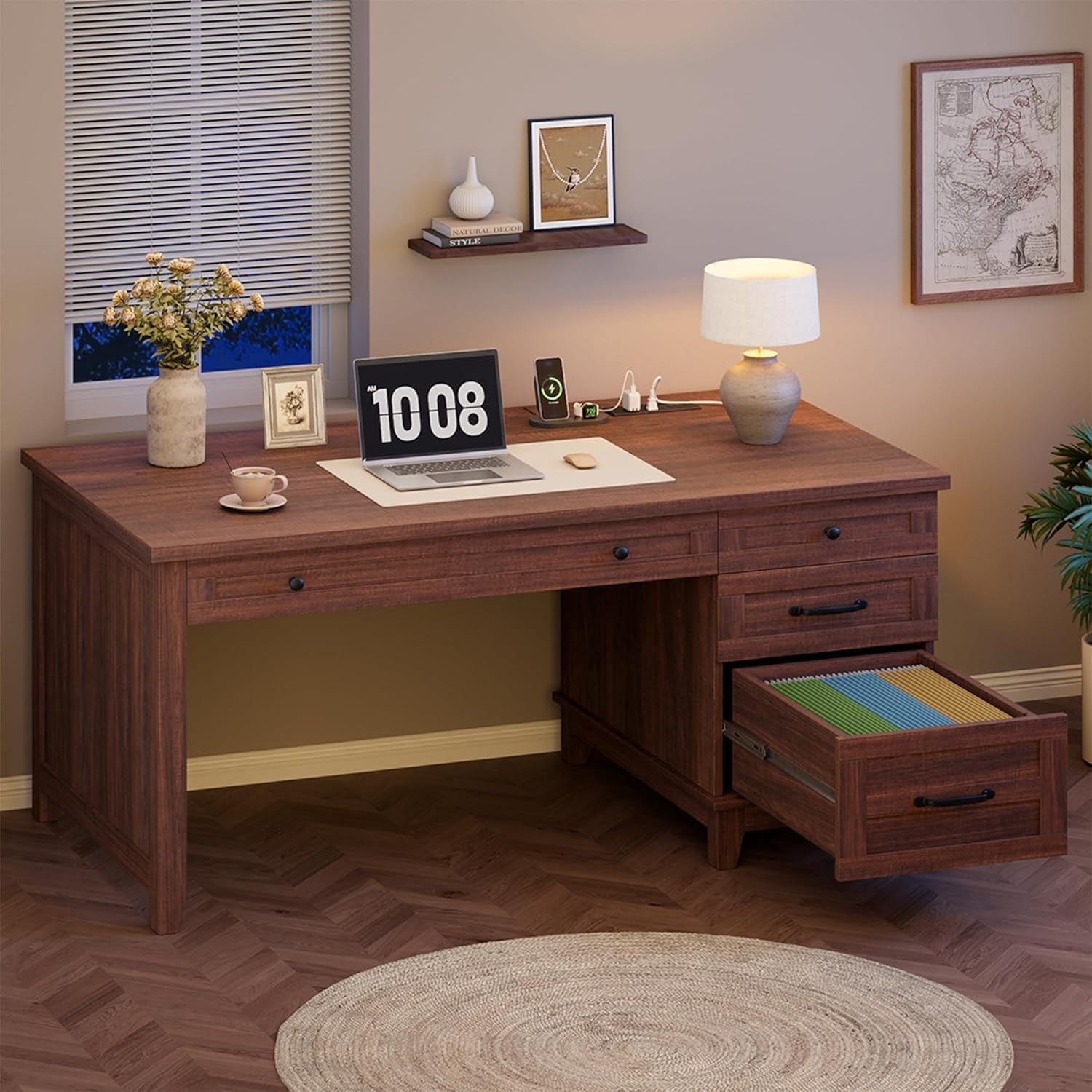 CABIHOME Farmhouse Office Desk with Charging Station & File Drawer | 53.5" Wooden Computer Desk with Built-in USB Ports, Executive Computer Desk Workspace for Home Office