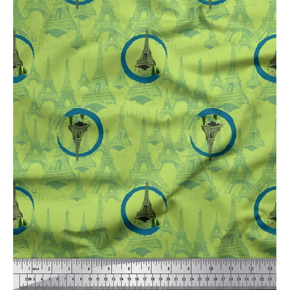 Soimoi Green Cotton Voile Fabric Cedar Tree & Eiffel Tower Architectural Print Fabric by the Yard 42 Inch Wide