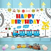 Train Theme Happy Birthday Banner Backdrop Train Party Decorations for Boy Girl Kid Train Birthday Party Supplies Railroad Train Crossing Themed Party Backdrop Background Decorations