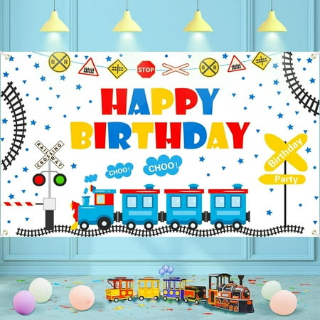 Train Theme Happy Birthday Banner Backdrop Train Party Decorations for Boy Girl Kid Train Birthday Party Supplies Railroad Train Crossing Themed Party Backdrop Background Decorations