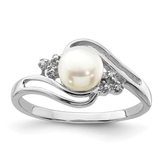White Sterling Silver Ring Band Pearl Freshwater Round Diamond