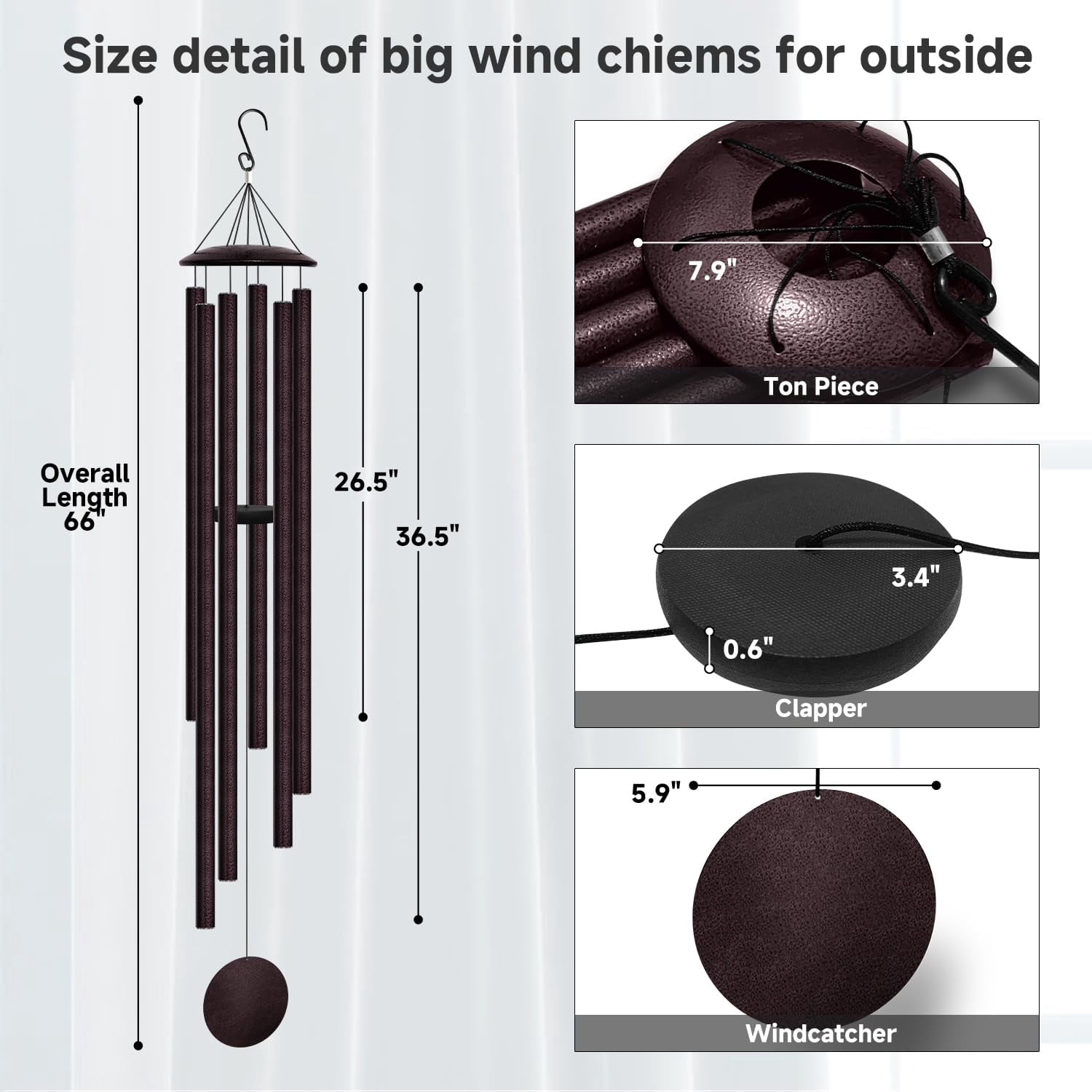 66" Extra Large Wind Chimes For Outside Deep Tone  6 Thick And Bold Aluminum Tubes Tuned Relaxing Melody Chime Big Garden Patio Decor Great Gift Idea Mother's Day (bronze)