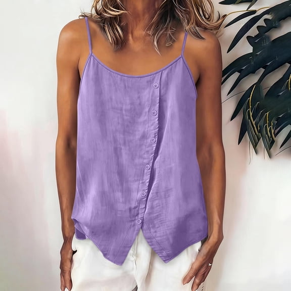 LEKWK Tank Tops for Women Camisole Loose Fit Spaghetti Strap Linen Cami Shirts Crew Neck Sleeveless Loose Fit Button Summer Tops Fashion Going Out Outfits