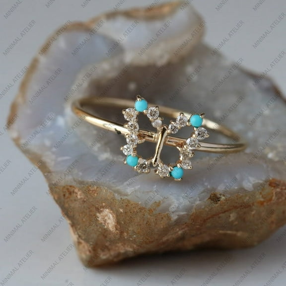 Tourqoise & Diamond Butterfly Diamond Ring, 925 Sterlnig Silver Ring, Minimalist Ring Gift For Her. Handmade Fine Jewelry.