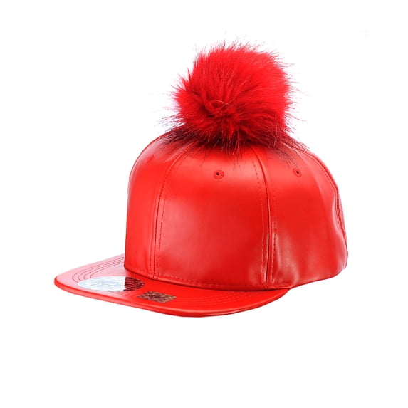 Unisex Style Faux Fur Pom Pom Snapback Flat Bill Cap Hat - Smooth Red on Red