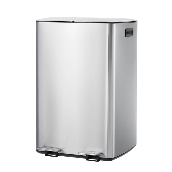 Dual Compartment Kitchen Trash Can 16 Gallon (60L) – Stainless Steel – Soft-Close Lids, Pedals, Removable Plastic Buckets – Ideal for Recycling & Waste Separation – Indoor Bin – Stainless Steel Color