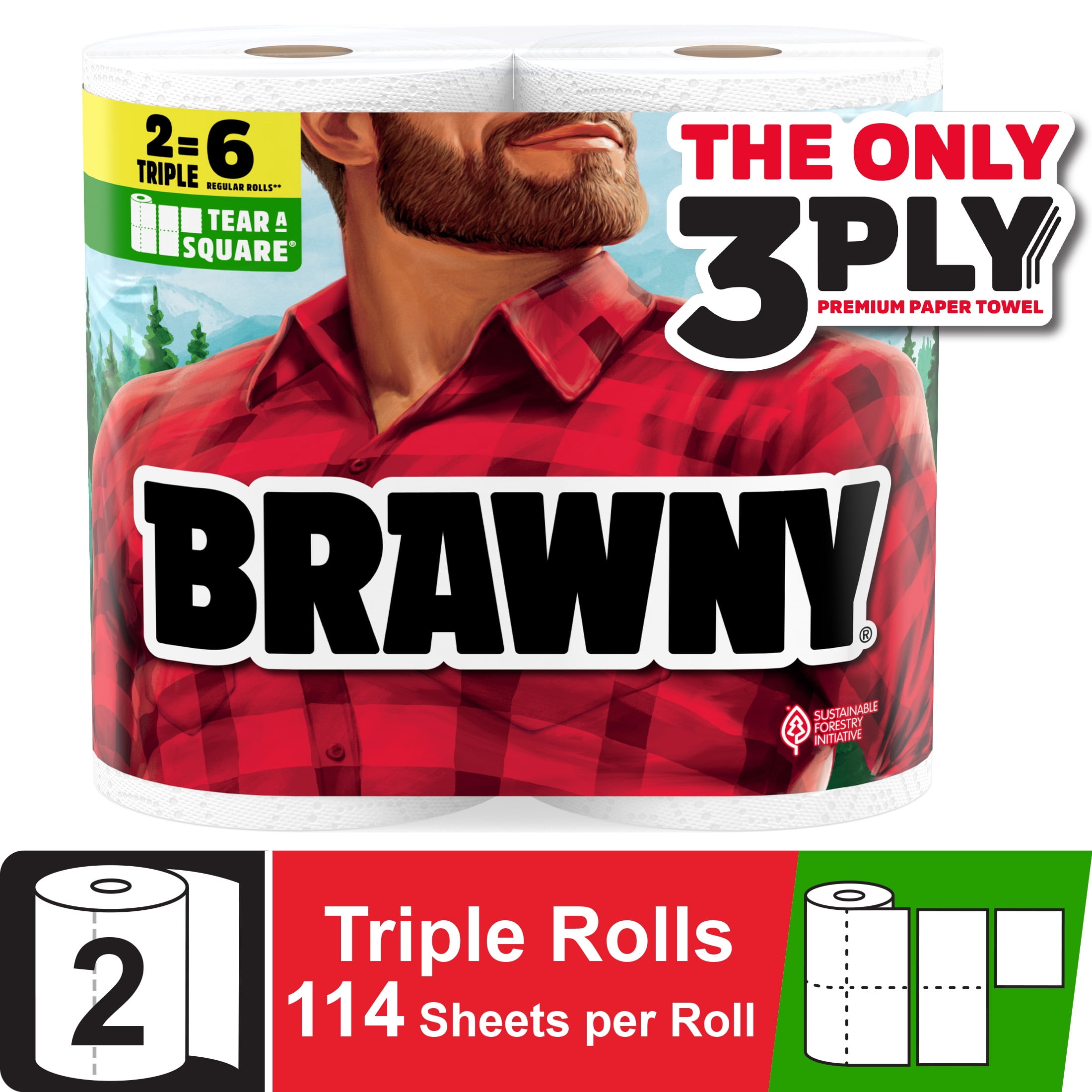(6 pack) Brawny Tear-a-Square 3-Ply Paper Towels, 2 Triple Rolls, 114 Sheets Per Roll