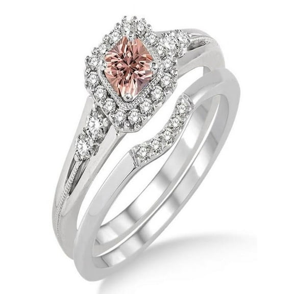 1.5 Carat Morganite & Diamond Bridal Set Halo Engagement Ring Bridal Set on 10k White Gold