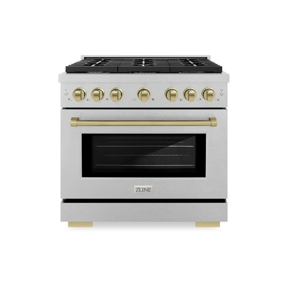 ZLINE Autograph 36" 5.2 cu. ft. Paramount Dual Fuel Range with 6 Burners in DuraSnowÂ® Stainless Steel with Champagne Bronze Accents, SDRSZ-36-CB