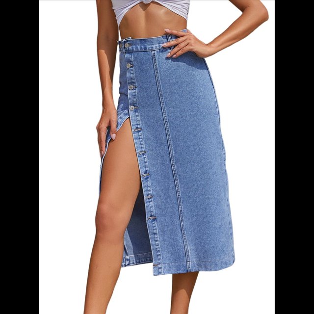 Falda Vaquera Midi Informal con Abertura para Mujer, Elástica, de Cintura Alta, Deshilachada y Abotonada Azul M