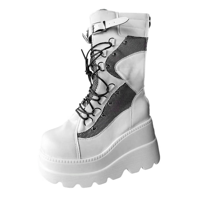 Shadoumai Womens Goth Platform Ankle Boots with Bat Wing Buckles Chunky Block Heels Round Toe Zipper Punk Motorcycle Combat Boots Comfy Short Gothic Booties