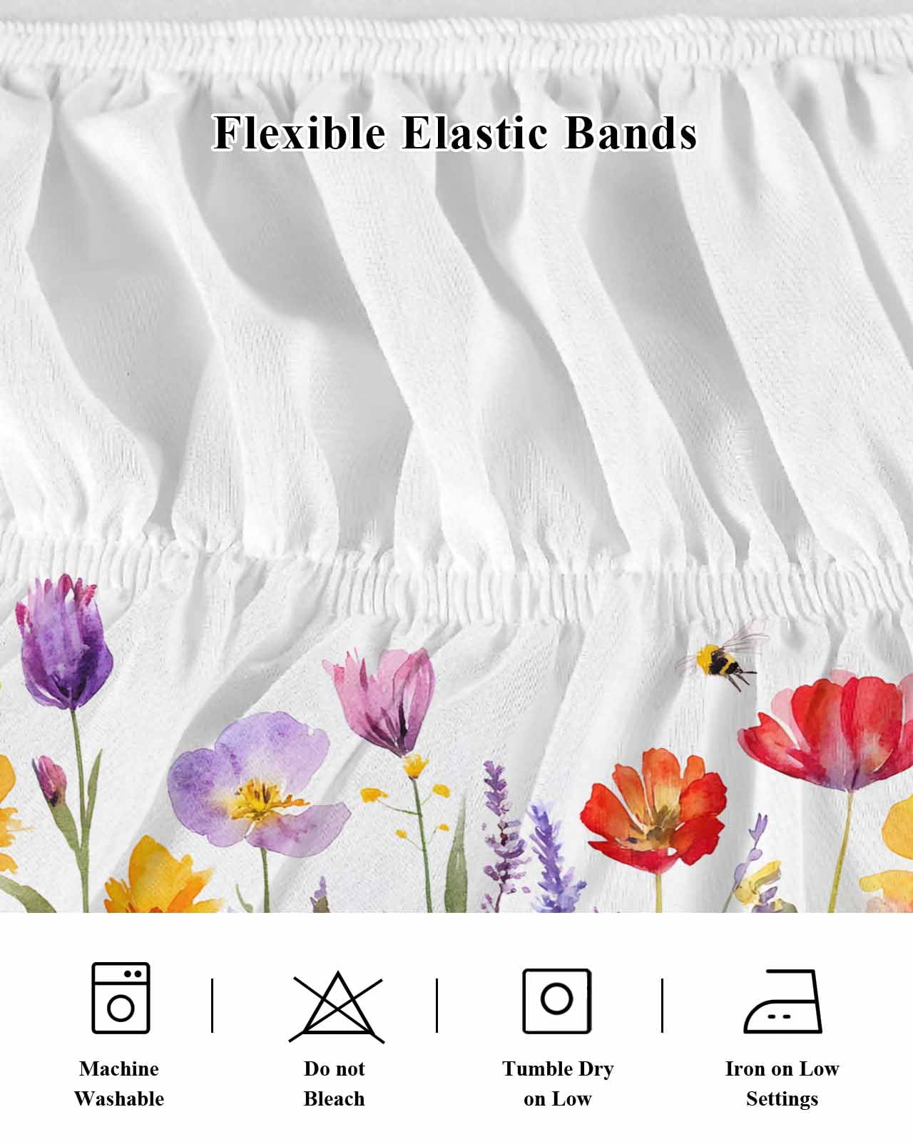 Colorful Flowers Ruffle Bed Skirt Queen Size Spring Floral Adjustable Elastic Dust Bed Skirts Wrap Around Bedskirt Wrinkle Free Easy Fit with 16 Inch Drop