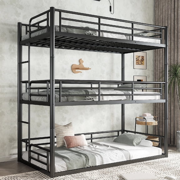 Full XL over Queen over Queen Bunk Bed Frame with Safety Guardrails and Ladder,Metal Triple Bunk Bed with Able to Split for Bedroom, Apartment, Mattress not included, No Spring Box Required, Black