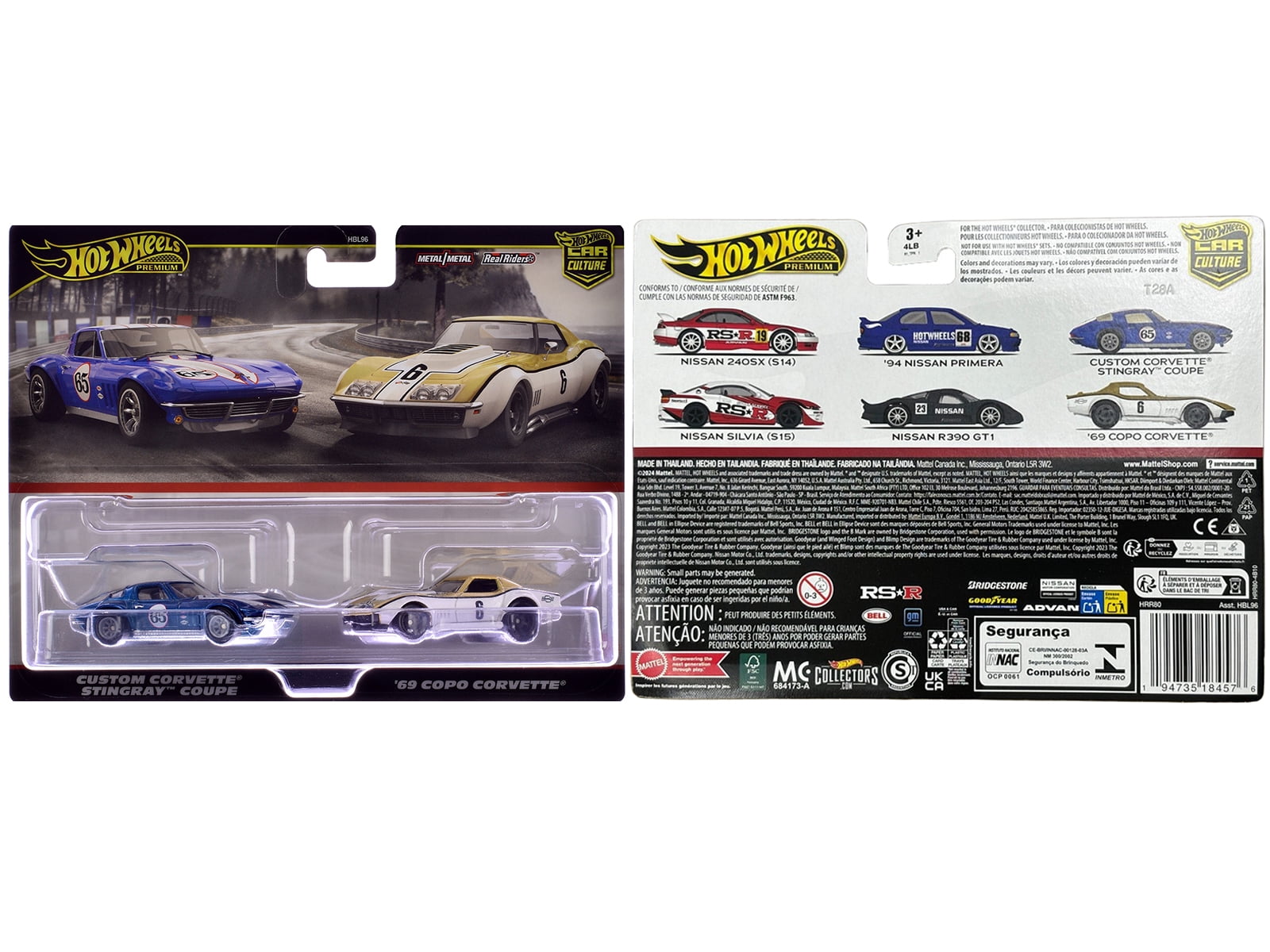 Chevrolet Corvette Stingray Coupe #65 Blue Met with White & 1969 Chevrolet #6 Gold Met & White Diecast Model Cars by Hot Wheels
